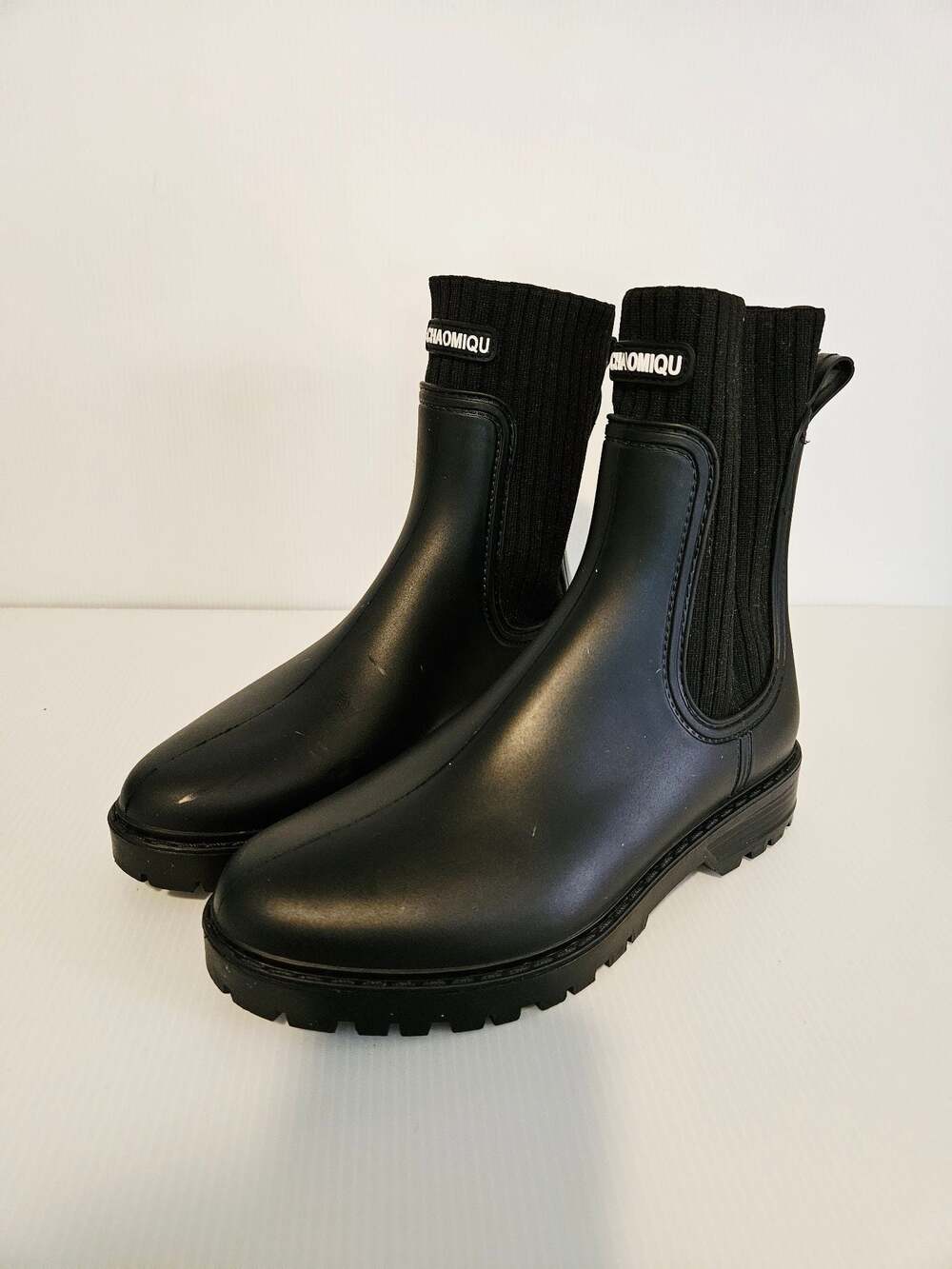 CHAOMIQU Women's Mid-Calf Black Waterproof Rain Boots with Ribbed Knit Cuff - Picture 2 of 11